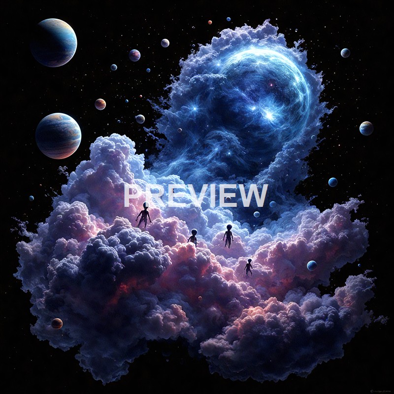 The image depicts a surreal cosmic scene with a large, luminous nebula shaped like a face, surrounded by floating planets and stars, with small humanoid figures walking on clouds near the nebula.